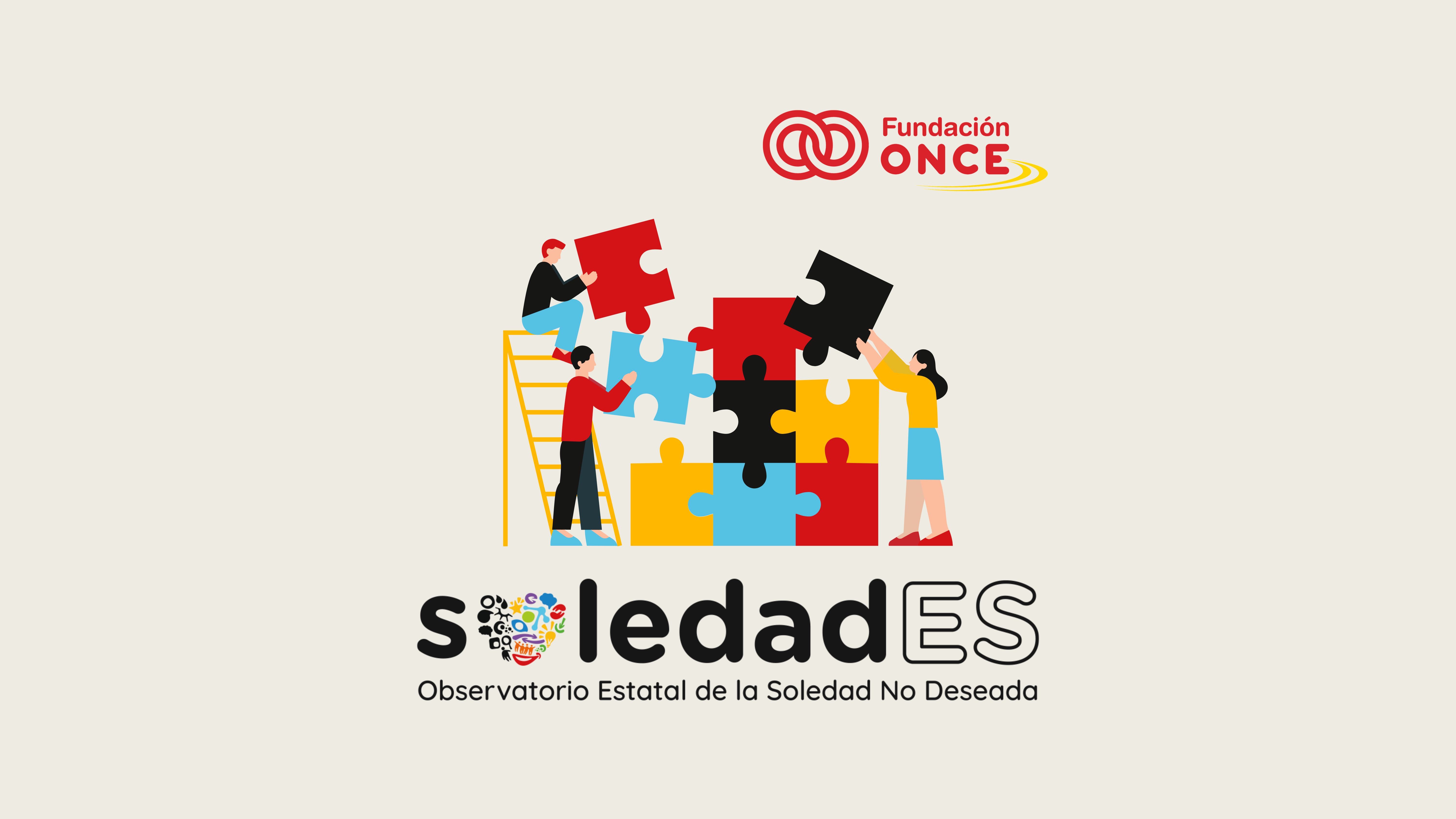 Tres personas armando un puzzle, el logo del Observatorio SoledadEs y de la Fundación ONCE