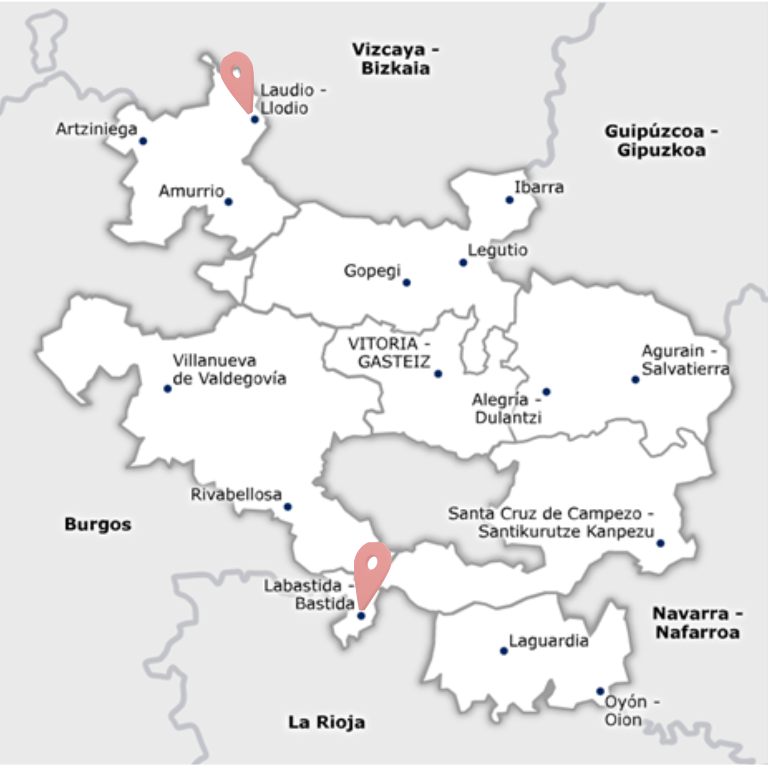 Mapa del País Vasco donde se muestra la ubicación de las dos sedes de las escuelas de soledad activas actualmente: Laudio y Bastida