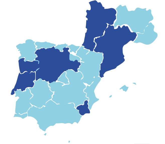 Mapa de la península ibérica y el sur de Francia en el que se destacan las regiones elegidas para desarrollar este proyecto. De España: Castilla y León, Cataluña y Murcia. De Francia: Nueva Aquitania y Occitania. De Portugal: Norte y Centro.