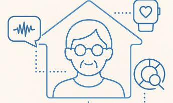 Imagen prediseñada mostrando la cara de una persona mayor dentro de una casa e iconos de diferentes tecnologías como un smartwatch